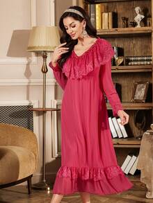 PalaceNights Vintage Palace Lace & Mesh Long Sleeve Nightgown For Women - Hot Pink - View 6