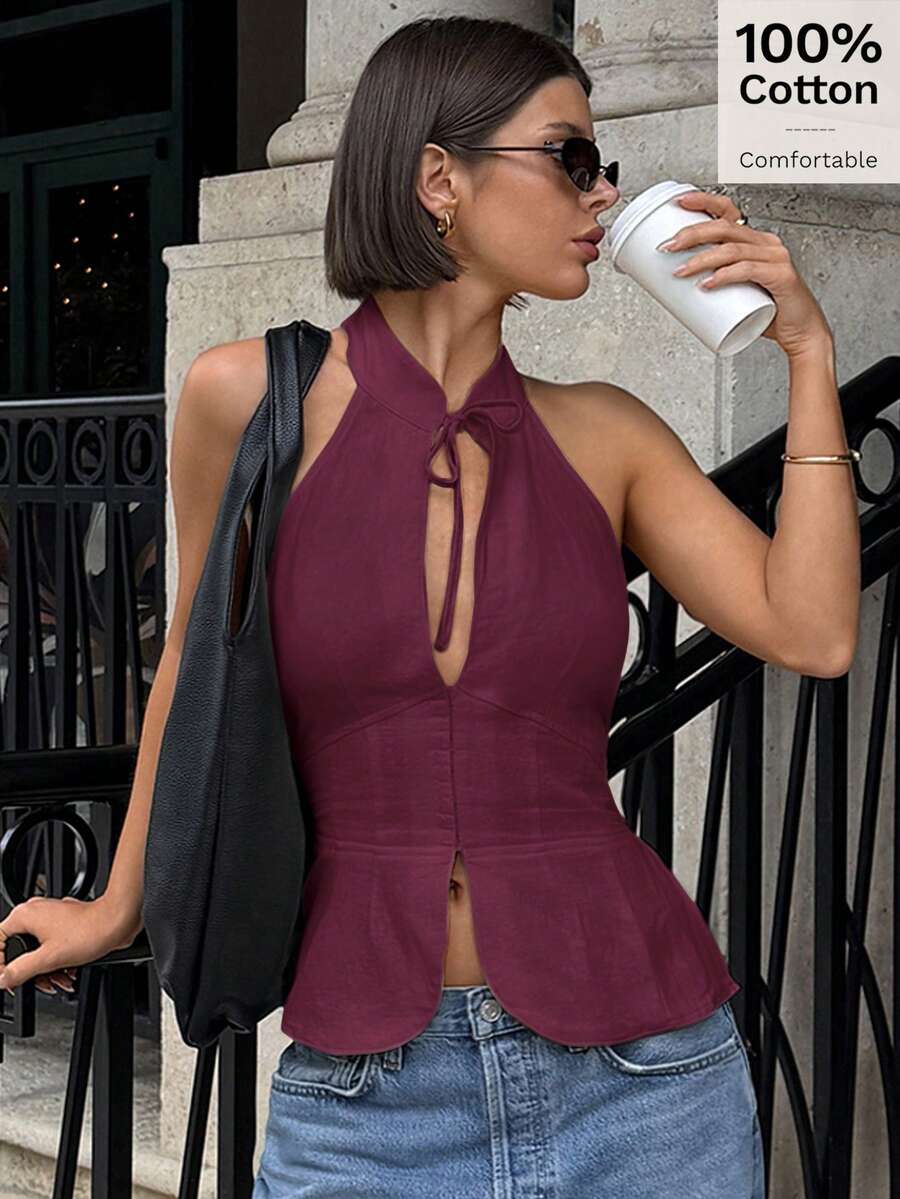 女士蝴蝶结镂空露背修身短款上衣，前开衩无袖衬衫 - 酒紅色 - 查看 1