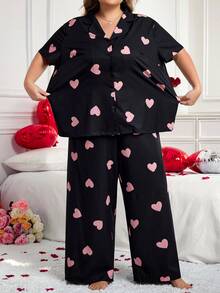 SHEIN CURVE+ 加大码女式条纹印花衬衫裤套装，情人节特惠，百搭秋季女装，冬季必备，加大码 - 彩色 - 查看 3