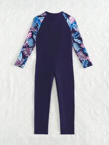SHEIN Áo tắm liền thân tay dài cổ tròn in hoa cho bé gái tuổi teen, kiểu dáng giản dị, kín đáo, thích hợp cho kỳ nghỉ biển. - Màu xanh lam - Xem 3