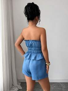 Rafferiza Conjunto Feminino Women's New Spring/Summer Blue Denim Texture Strappy Jumpsuit With Thin Straps, Bandeau-Style Top, Drawstring And Bow Detail At The Bust, Elasticated Waist, And Ruffled Hem Shorts Set. - Blue - View 3