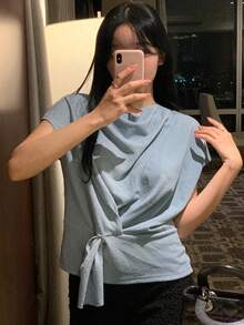 DAZY 女士时尚休闲扭结蝙蝠袖T恤 - 藍色 - 查看 6