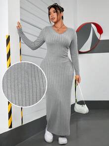 SHEIN EZwear Plus Solid V Neck Bodycon Dress Long Dress - Light Grey - View 1