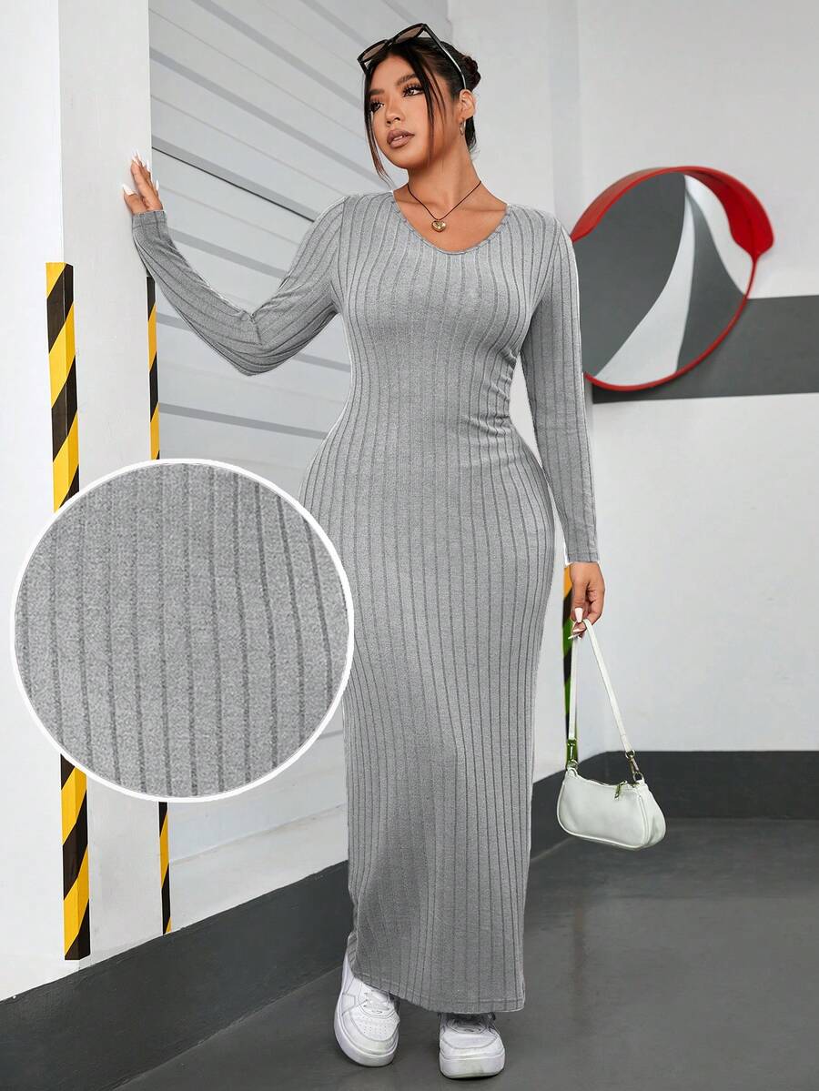 SHEIN EZwear Plus Solid V Neck Bodycon Dress Long Dress - Light Grey - View 1