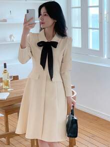 DAZY Women's Spring/Autumn French Elegant Elegant Office/Commute Color Block Bow Tie Waist Knee-Length Dress