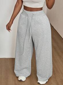 SHEIN PETITE CURVE 大码女式纯色抽绳腰阔腿宽松休闲运动裤，适合日常休闲、居家、运动、上学、通勤、户外活动，抽绳设计，春季百搭，适合外出、参加嘉年华等场合，休闲百搭，宽松舒适。 - 灰色 - 查看 3