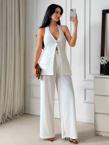 EURMUSE Women's Solid Color Halter Top & Pants Set With Beading Detail - White - View 4