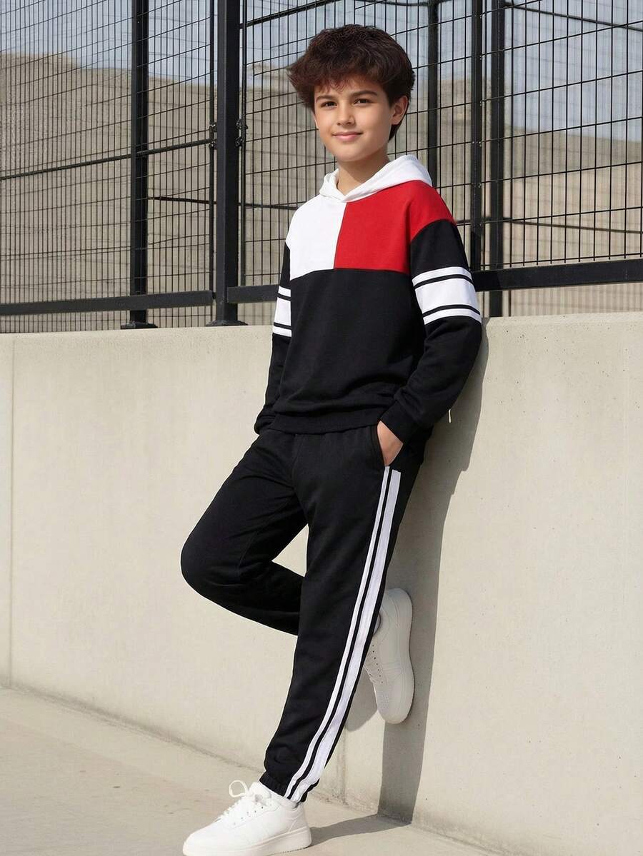 Vacaura 男童两件套套装，包括带帽拼接上衣和抽绳腰运动裤，舒适休闲百搭，适合室内外穿着，春秋季。 - 彩色 - 查看 1