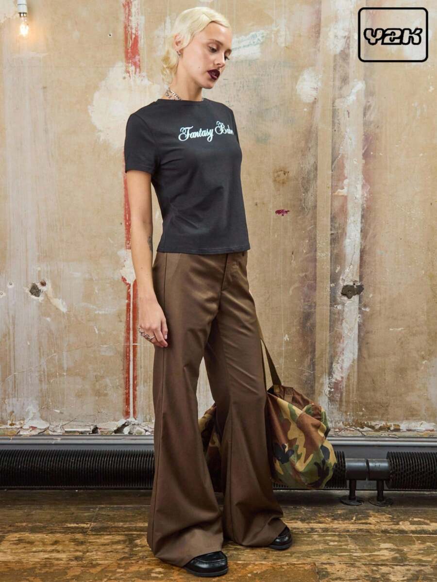 COUREZ 低腰长款修身喇叭裤/Y2K 秋季女装街头服饰外出装度假装女士优雅 - 軍綠色 - 查看 1