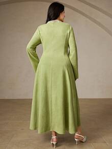 BELROSIE Fashionable Design Sense Versatile Commuting Exquisite Suede Blend V-Neck Zipper Collar Studded Pearl Decor Green Plus Size Long Sleeve Dress - Green - View 6