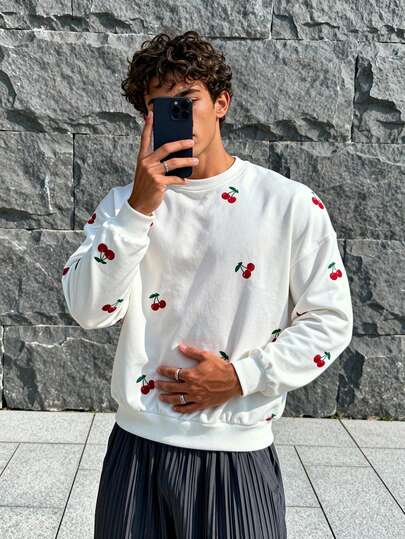 Manfinity VCAY Men's Cherry Print Crew Neck Long Sleeve Casual Sweatshirt, Autumn/Winter