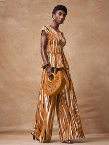 Zivah 2026春夏新款浪漫音乐节复活节西部波西米亚纳什维尔派对婚礼正式约会休闲学生日常基本款百搭休闲邮轮海滩日光浴优雅通勤商务休闲圆领短袖褶皱下摆上衣+阔腿裤多色条纹印花两件套，春夏套装，休闲套装，浪漫套装，女士两件套 - 棕色 - 查看 5