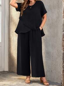 EMERY ROSE 大码女式休闲圆领短袖不对称下摆黑色上衣和裤子两件套，早春 - 黑色 - 查看 5