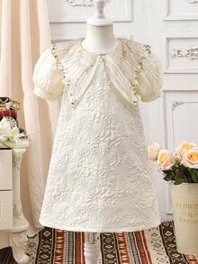 Đầm bé gái mùa xuân/hè/thu thanh lịch, tối giản, chất liệu vải dệt nổi, màu mơ, cổ áo thêu ngọc trai và đá pha lê, tay phồng, thích hợp cho mùa xuân/hè, kiểu dáng tối giản, thanh lịch, duyên dáng, phù hợp cho đi học, dã ngoại, kỳ nghỉ, tiệc tùng, lễ hội. - Màu be - Xem 9