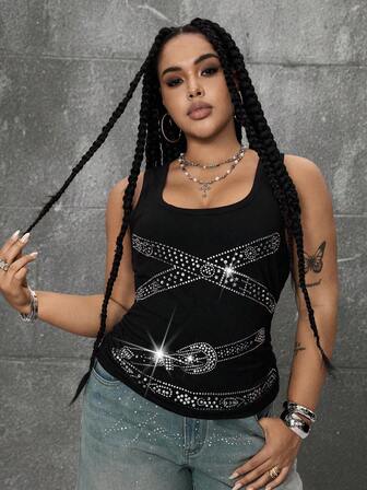 Grunge Punk Große Größen Damen Punk Grapefruit Strass Dekor Trägerhemd, dehnbar