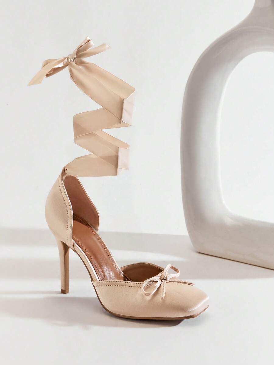 SHUZIA #ChicGala Women's Satin Ribbon Ankle-Tie D'Orsay Bow-Toe Nude Ballet Heels – Elegant, Festive & Dress-Ready. - Beige - View 1