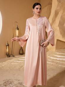 SHEIN Najma 优雅花卉蕾丝边饰和纽扣装饰的年轻女士时尚连衣裙 - 淺粉色 - 查看 4