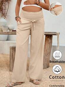 SHEIN Quần bầu ống rộng màu trơn có dây rút ở eo - Màu Khaki - Xem 1