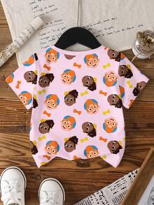 Blippi X SHEIN Young Girl Casual All-Over Print Round Neck Short Sleeve T-Shirt, Summer