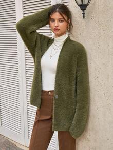 Cévolie Women's Solid Color Fluffy Casual Knit Cardigan - Green - View 2