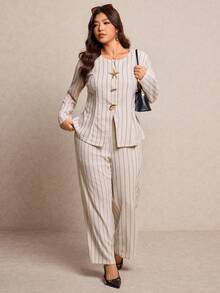 Elaquor 加大码黑色金属扣装饰长袖西装套装，正式套装，加大码办公穿着，适合秋冬季 - 杏色 - 查看 4