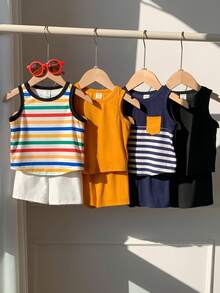 SHEIN 8件套男女宝宝纯色及撞色无袖针织背心短裤套装，春夏男宝宝服装，套装 - 彩色 - 查看 5