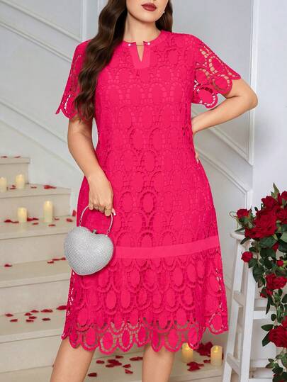 SHEIN Clasi Vestido elegante de encaje con cuello en V y manga corta para mujer de talla grande