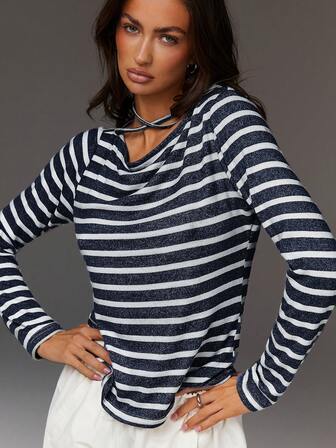 Athîral 女士休闲条纹圆领长袖T恤，春季