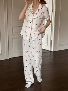 Dream Adore Heart Print Lapel Women Pajama Set - Apricot - View 3