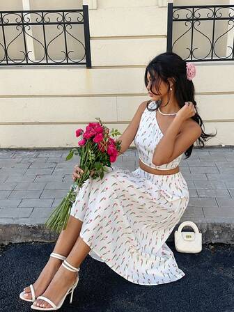 MainGRL Conjunto de 2 piezas con top de estampado de cable de tirante energético y falda midi fluida estampada, para una cita romántica