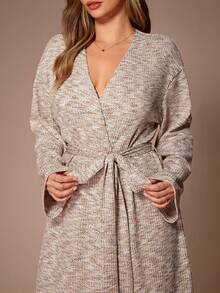 Lazeform Women's Long Sleeve Soft Jacquard Knit Belted Casual Robe, Autumn/Winter Gown And Robe Set Curve Robe - Khaki - View 2