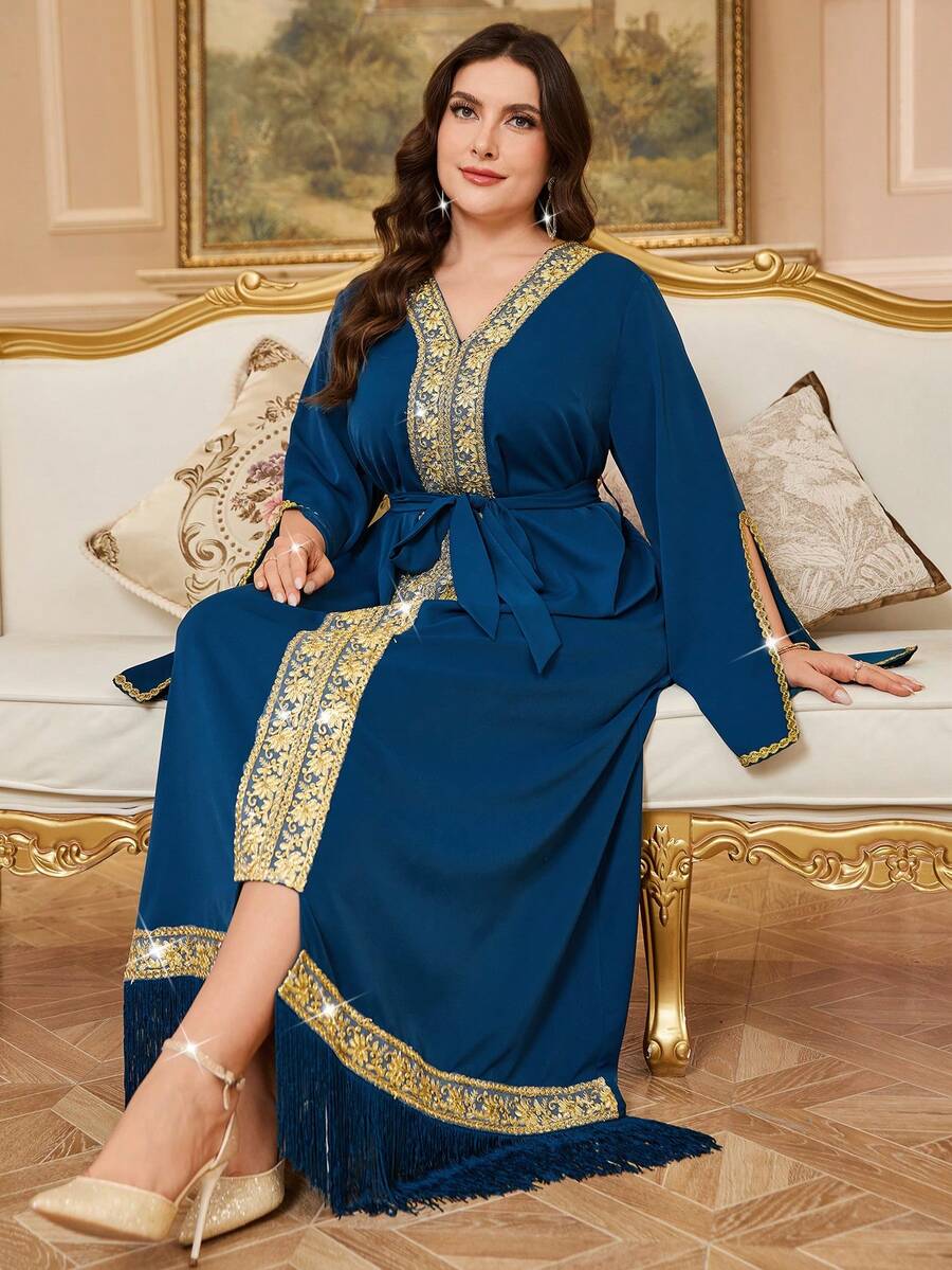 Reflora Plus Size V-Neck Cape Sleeve Vintage Elegant Dress, Sky Blue Autumn Modest Wedding Guest Bridesmaid Party Dresses, Women Arabian Turkish Luxury - Blue - View 1