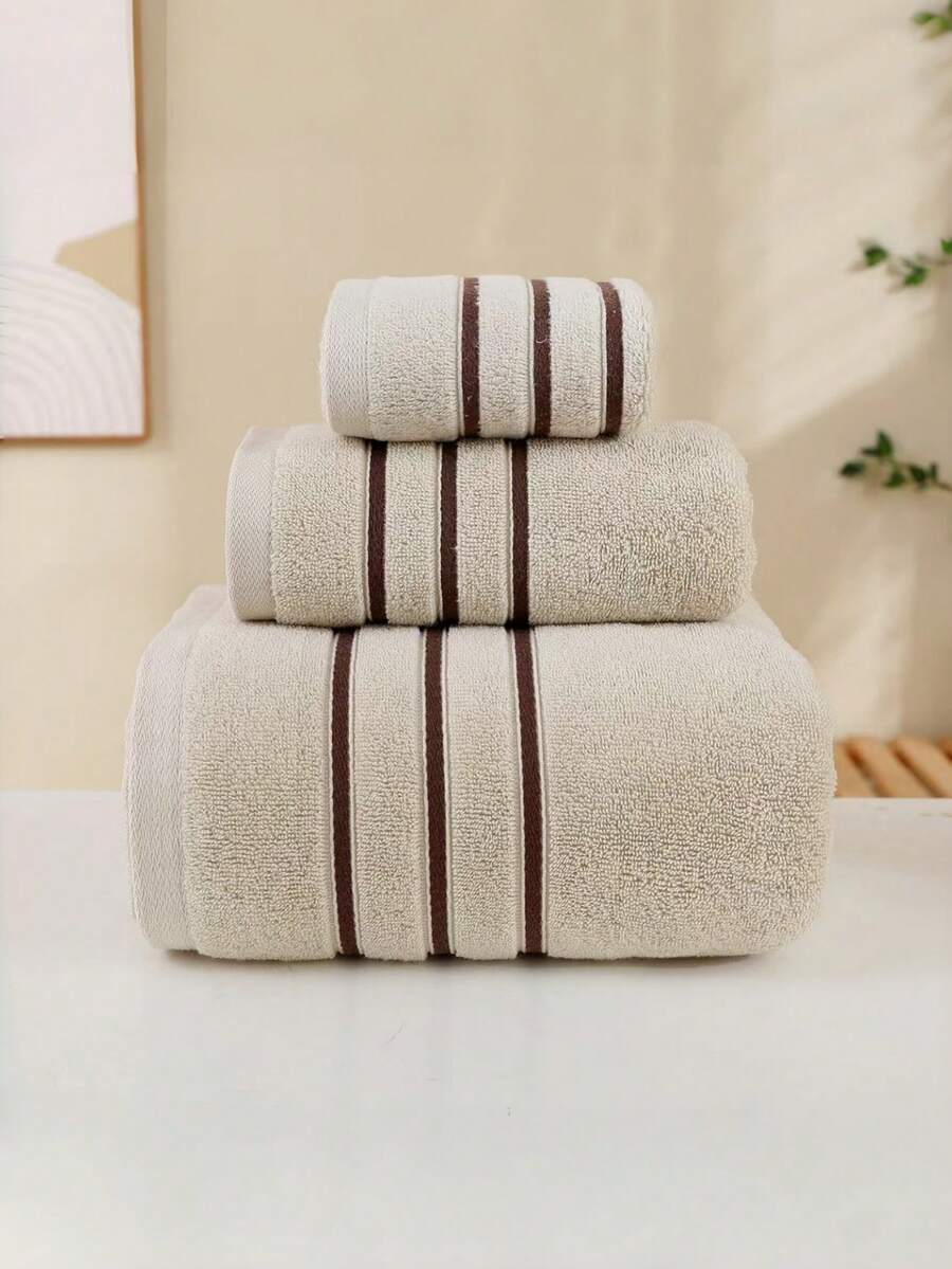 1pc Beige Towels, Family Size, Pure Combed Cotton, Thickened, Absorbent, Striped, Multi-Ribbed, Satin Style, Ideal For Home Use, Bathing, Face Washing, Body Wiping, Towels, Hand Towels, And Other Bathroom Essentials. - Beige - View 1