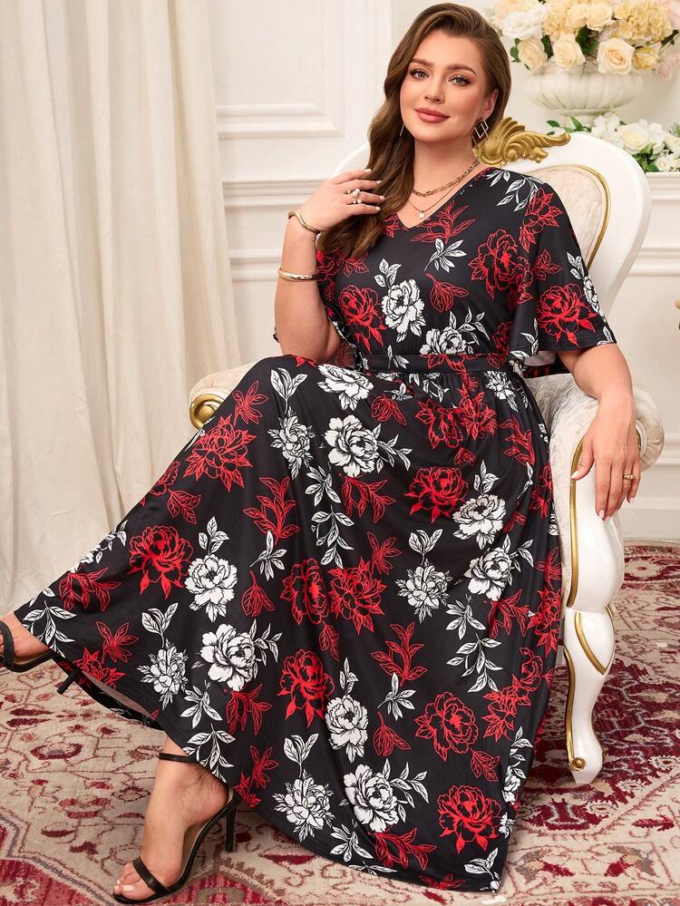 Elegant Multicolor Knitted Fabric Floral Midi Dress With V Neck And Flared Hem Plus Size