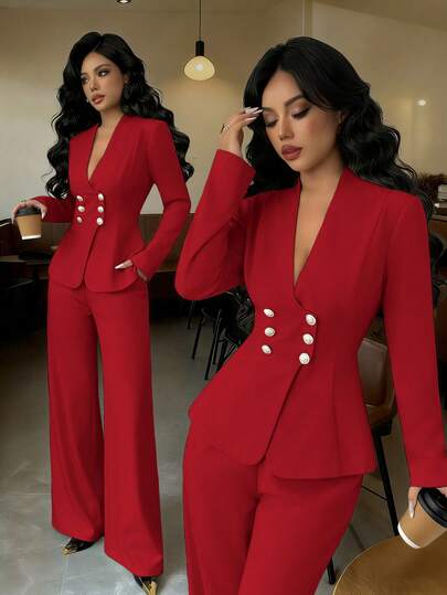 Elenzga Women's V-Neck Double-Breasted Metal Decor Button Waist Cinching Long Sleeve Jacket And Straight Leg Pants Set, Elegant Professional Outfit