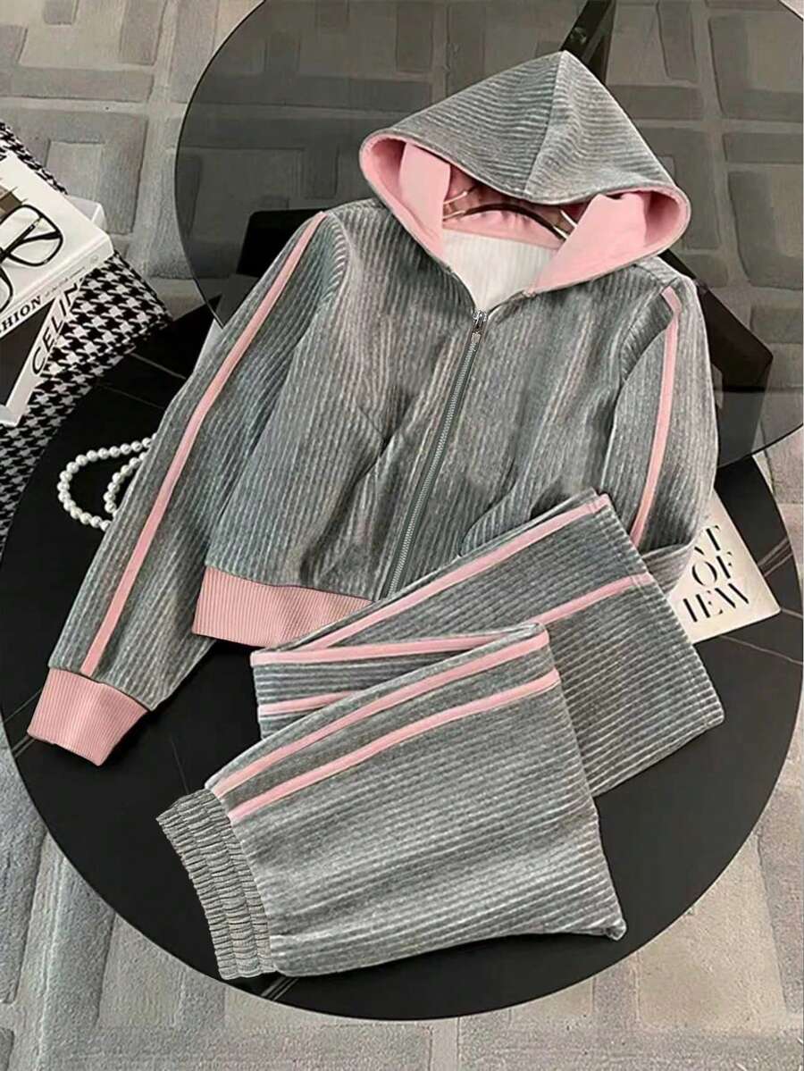 Franclia Regular Hooded Long Sleeve Cardigan Top + Straight Leg Pants - Grey - View 1