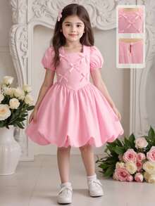 Glamorique Kids 1件装女童方领短泡泡袖蝴蝶结装饰粉色可爱优雅休闲连衣裙，适合日常外出、旅行、度假、派对等场合。 - 粉色 - 查看 6