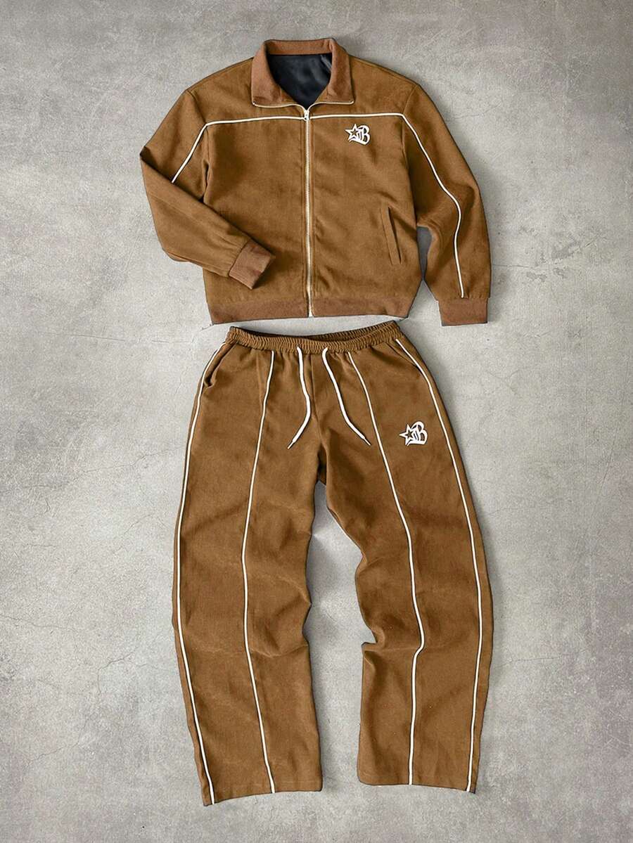 STYNVO Men's Simple Print Long Sleeve Jacket And Pants Set - Brown - View 1