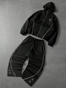男士星形印花连帽夹克和裤子套装，PAVTROS，Y2K，狂欢节，街头服饰，复古，度假，我爱我的男朋友，情人节 - 黑色 - 查看 1