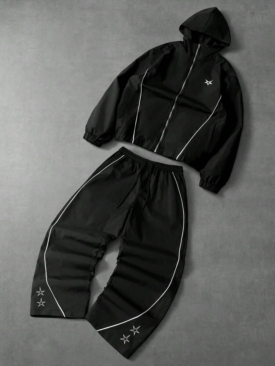 男士星形印花连帽夹克和裤子套装，PAVTROS，Y2K，狂欢节，街头服饰，复古，度假，我爱我的男朋友，情人节 - 黑色 - 查看 1
