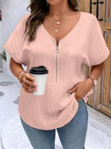 EMERY ROSE Plus Size Women's Solid Color Simple Daily Short Sleeve Shirt For New Year Clothes - Baby Pink - View 1