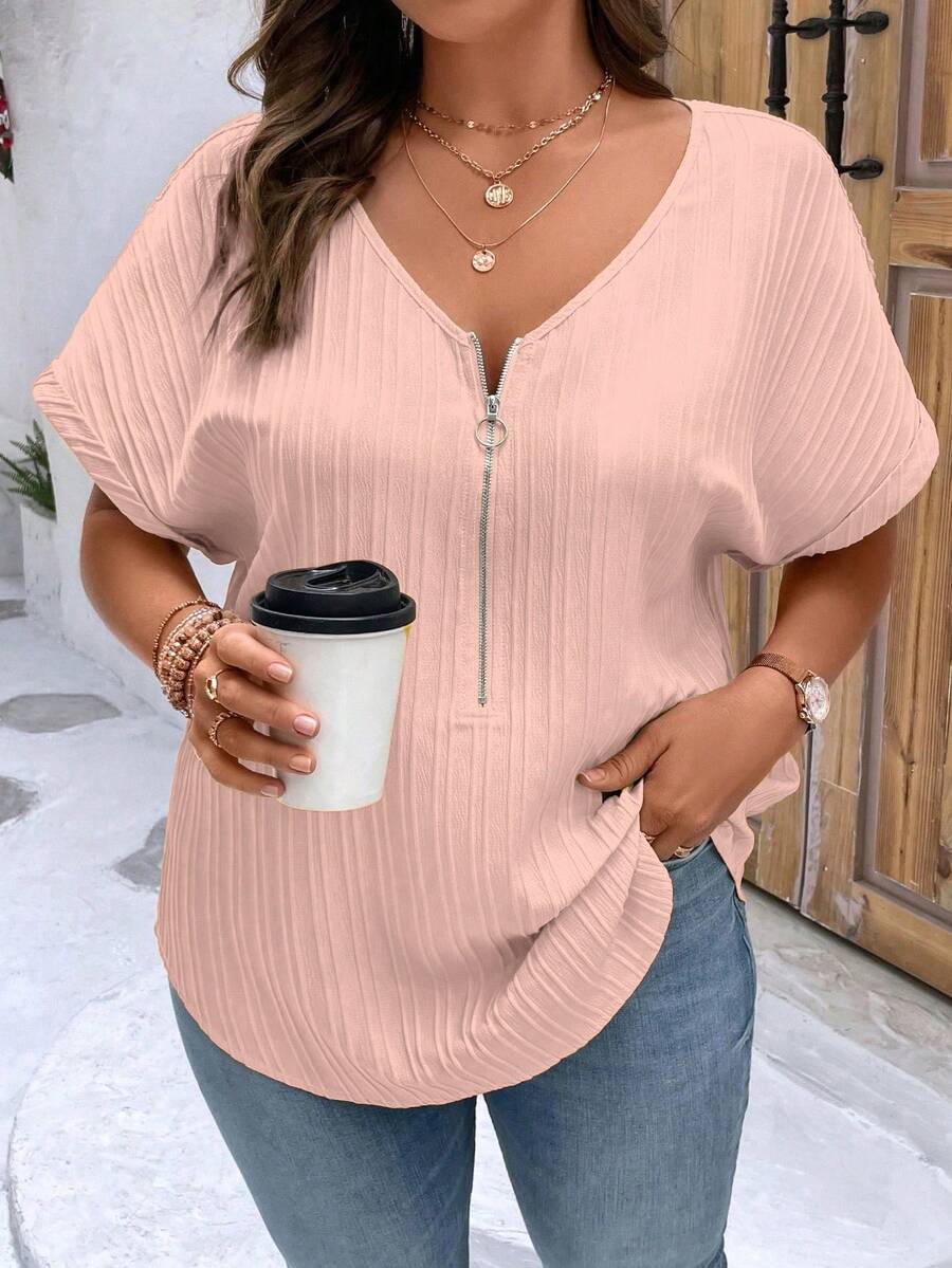 EMERY ROSE Plus Size Women's Solid Color Simple Daily Short Sleeve Shirt For New Year Clothes - Baby Pink - View 1