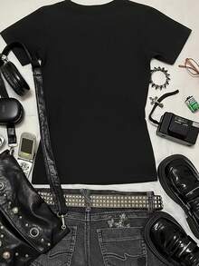 Glimmora Y2K Slogan Graphic Round Neck Women T-Shirt - Black - View 2