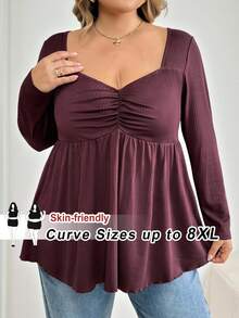 SHEIN CURVE+ Áo thun dài tay cổ trái tim màu trơn cỡ lớn dành cho mùa thu, chất liệu len, kiểu dáng babydoll ôm eo màu trơn/Mùa thu/Mùa đông - Cà phê nâu - Xem 8