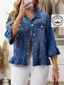 EMERY ROSE Plus Size Solid Color Front Button Ruffle Hem Casual Denim Jacket Blue Jean Jacket Women Denim Jackets For Women Jean Shirt Denim Tops Plus Size Denim Jackets - Blue - View 9