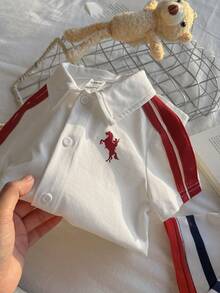 SHEIN 2pcs Newborn Baby Boy Casual Cute Striped Print Polo Collar Short Sleeve Romper Set, Suitable For Birthday Party, Rave, Evening Party, Performance, Wedding, One Month Celebration, Baptism And First Birthday Baby Boy Red White And Blue Outfit Boy Summer Sets Baby Boy Clothes Polo Summer Wear For Boys - Multicolor - View 8