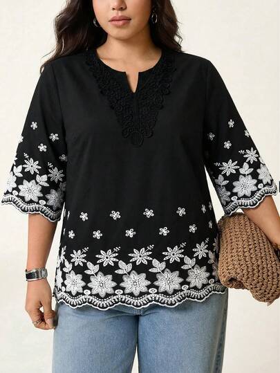 Freevana Camisa casual de vacaciones con cuello con muesca y ribete bordado, talla grande