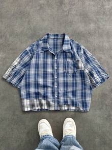 SWAVVY 标准尺码男士时尚休闲格子不对称拼接宽松落肩方正短袖衬衫 - 藍色 - 查看 1