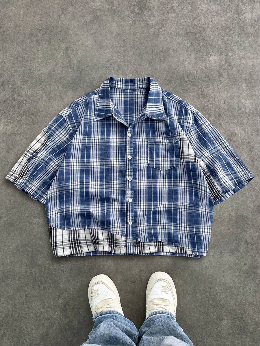 SWAVVY 标准尺码男士时尚休闲格子不对称拼接宽松落肩方正短袖衬衫 - 藍色 - 查看 1