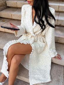 DAZY 女士花卉拼接刺绣荷叶边宽松长袍 - 米色 - 查看 11